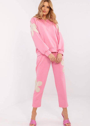 Women's Tracksuit Set with Floral Zircon Inserts – Sweatshirt & High-Waist Pants - MimiStylez