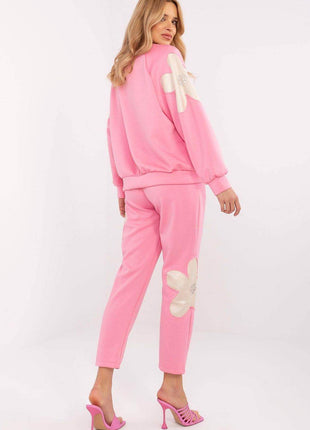 Women's Tracksuit Set with Floral Zircon Inserts – Sweatshirt & High-Waist Pants - MimiStylez