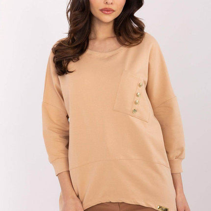 Cotton-Blend Blouse with 3/4 Sleeves & Buttoned Pocket - MimiStylez