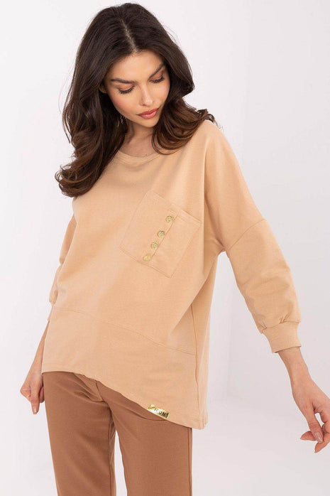 Cotton-Blend Blouse with 3/4 Sleeves & Buttoned Pocket - MimiStylez