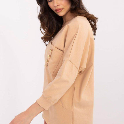 Cotton-Blend Blouse with 3/4 Sleeves & Buttoned Pocket - MimiStylez