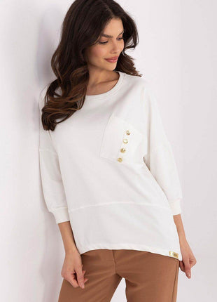 Cotton-Blend Blouse with 3/4 Sleeves & Buttoned Pocket - MimiStylez