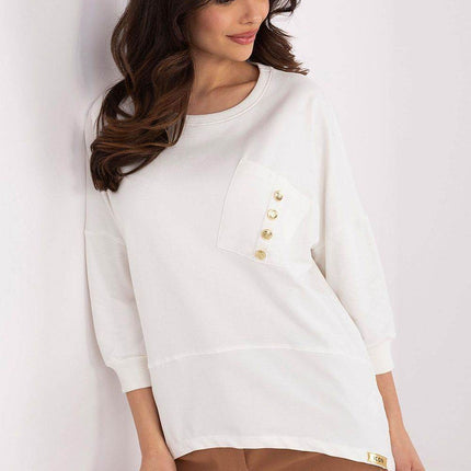 Cotton-Blend Blouse with 3/4 Sleeves & Buttoned Pocket - MimiStylez