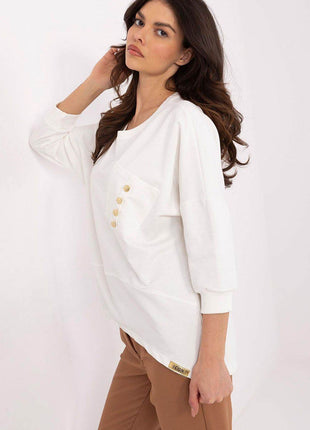 Cotton-Blend Blouse with 3/4 Sleeves & Buttoned Pocket - MimiStylez