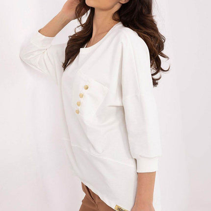 Cotton-Blend Blouse with 3/4 Sleeves & Buttoned Pocket - MimiStylez