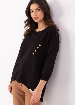 Cotton-Blend Blouse with 3/4 Sleeves & Buttoned Pocket - MimiStylez
