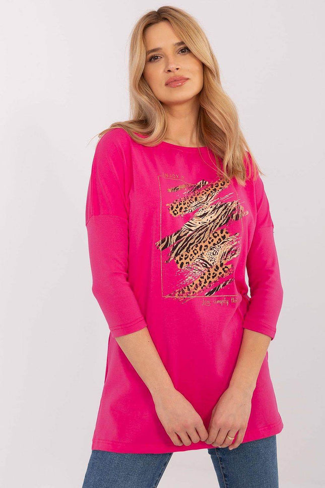 Extended-Cut Cotton Blouse with Bold Animal Print & 3/4 Sleeves - MimiStylez