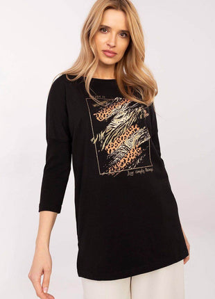 Extended-Cut Cotton Blouse with Bold Animal Print & 3/4 Sleeves - MimiStylez