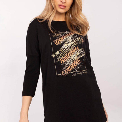 Extended-Cut Cotton Blouse with Bold Animal Print & 3/4 Sleeves - MimiStylez