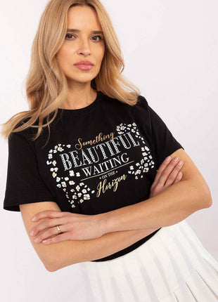Women's Cotton T-Shirt with Studded Lettering – Short Sleeves, Round Neckline - MimiStylez