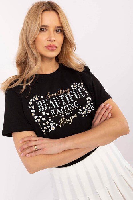 Women's Cotton T-Shirt with Studded Lettering – Short Sleeves, Round Neckline - MimiStylez