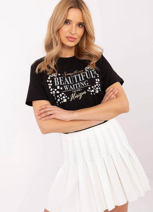 Women's Cotton T-Shirt with Studded Lettering – Short Sleeves, Round Neckline - MimiStylez