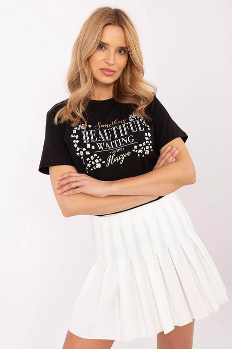 Women's Cotton T-Shirt with Studded Lettering – Short Sleeves, Round Neckline - MimiStylez