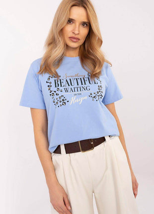Women's Cotton T-Shirt with Studded Lettering – Short Sleeves, Round Neckline - MimiStylez