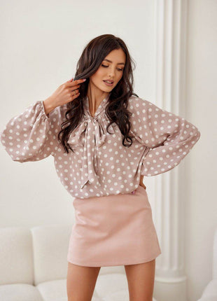 Cropped Blouse with Lapel Neckline, Puff Sleeves & Waist Tie - MimiStylez