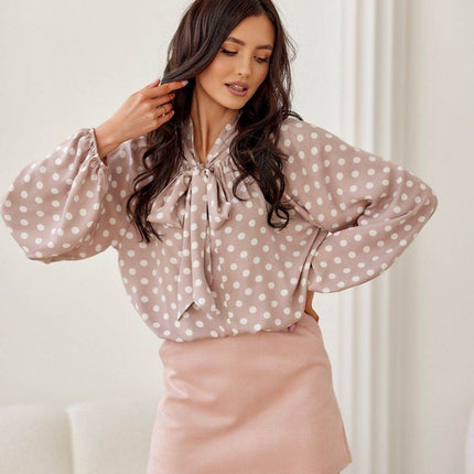 Cropped Blouse with Lapel Neckline, Puff Sleeves & Waist Tie - MimiStylez