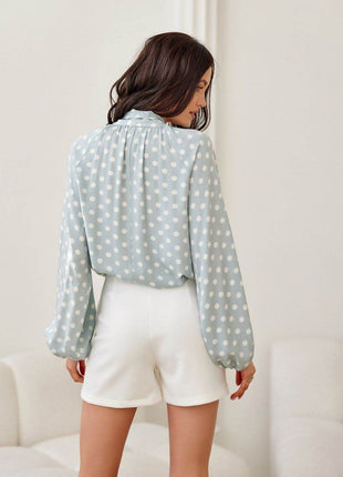 Cropped Blouse with Lapel Neckline, Puff Sleeves & Waist Tie - MimiStylez