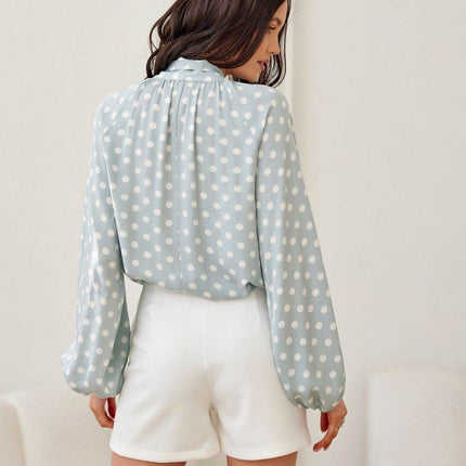 Cropped Blouse with Lapel Neckline, Puff Sleeves & Waist Tie - MimiStylez