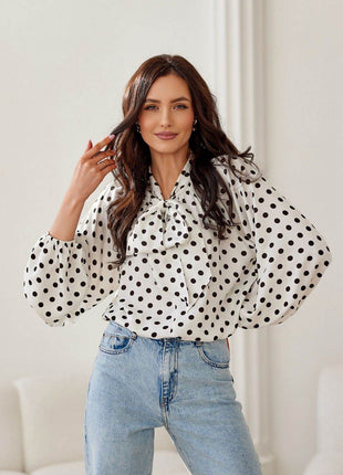 Cropped Blouse with Lapel Neckline, Puff Sleeves & Waist Tie - MimiStylez