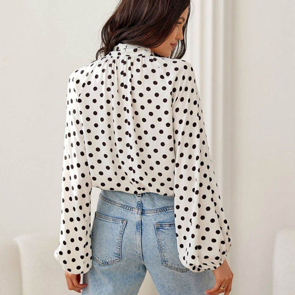 Cropped Blouse with Lapel Neckline, Puff Sleeves & Waist Tie - MimiStylez