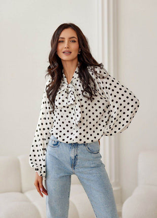 Cropped Blouse with Lapel Neckline, Puff Sleeves & Waist Tie - MimiStylez