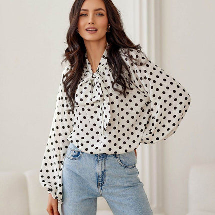 Cropped Blouse with Lapel Neckline, Puff Sleeves & Waist Tie - MimiStylez