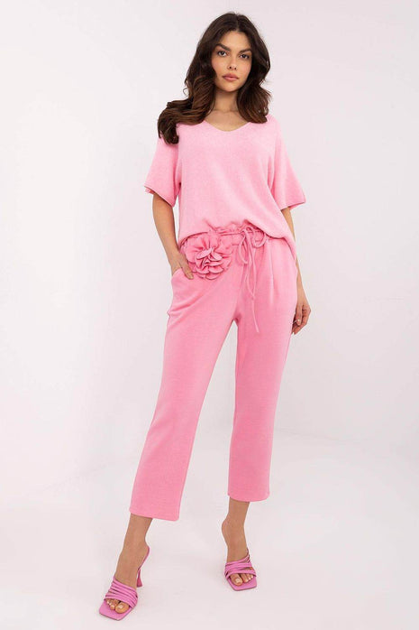 Elegant High-Waisted Sweatpants with Detachable Flower Brooch - MimiStylez