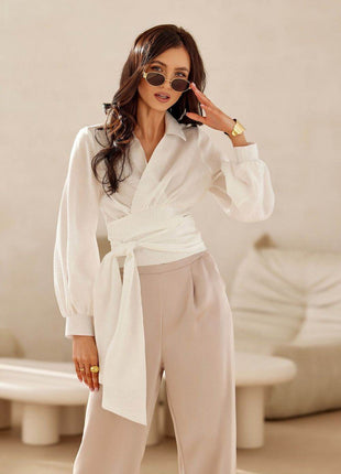 Cropped Blouse with Collar, Puff Sleeves & Waist Tie - MimiStylez