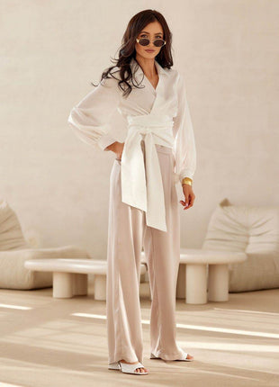 Cropped Blouse with Collar, Puff Sleeves & Waist Tie - MimiStylez