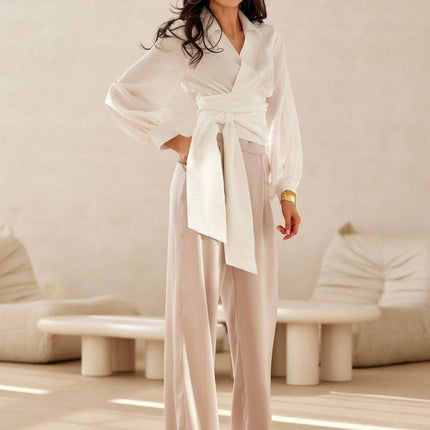 Cropped Blouse with Collar, Puff Sleeves & Waist Tie - MimiStylez