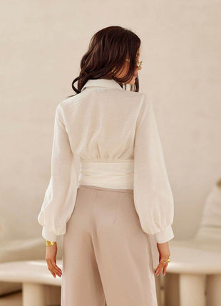 Cropped Blouse with Collar, Puff Sleeves & Waist Tie - MimiStylez