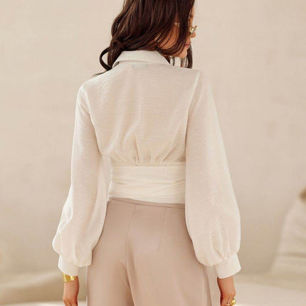 Cropped Blouse with Collar, Puff Sleeves & Waist Tie - MimiStylez