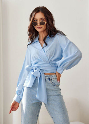 Cropped Blouse with Collar, Puff Sleeves & Waist Tie - MimiStylez