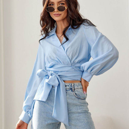 Cropped Blouse with Collar, Puff Sleeves & Waist Tie - MimiStylez