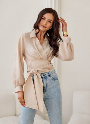 Cropped Blouse with Collar, Puff Sleeves & Waist Tie - MimiStylez