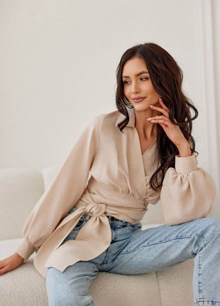 Cropped Blouse with Collar, Puff Sleeves & Waist Tie - MimiStylez