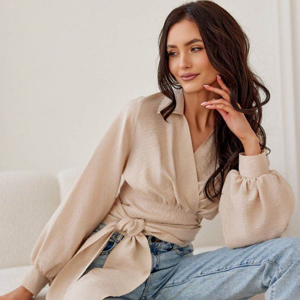 Cropped Blouse with Collar, Puff Sleeves & Waist Tie - MimiStylez