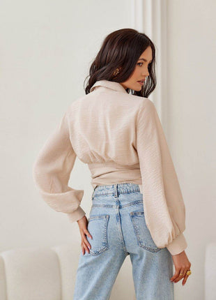 Cropped Blouse with Collar, Puff Sleeves & Waist Tie - MimiStylez