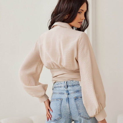 Cropped Blouse with Collar, Puff Sleeves & Waist Tie - MimiStylez