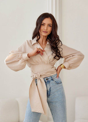 Cropped Blouse with Collar, Puff Sleeves & Waist Tie - MimiStylez