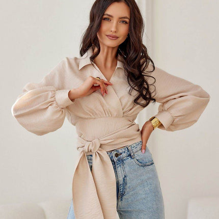 Cropped Blouse with Collar, Puff Sleeves & Waist Tie - MimiStylez