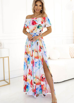 Long Spanish Maxi Dress with Floral Print, Flounce & Waist Belt - MimiStylez