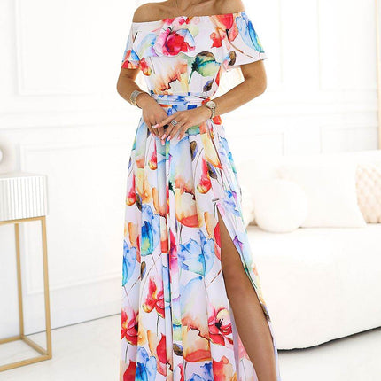 Long Spanish Maxi Dress with Floral Print, Flounce & Waist Belt - MimiStylez