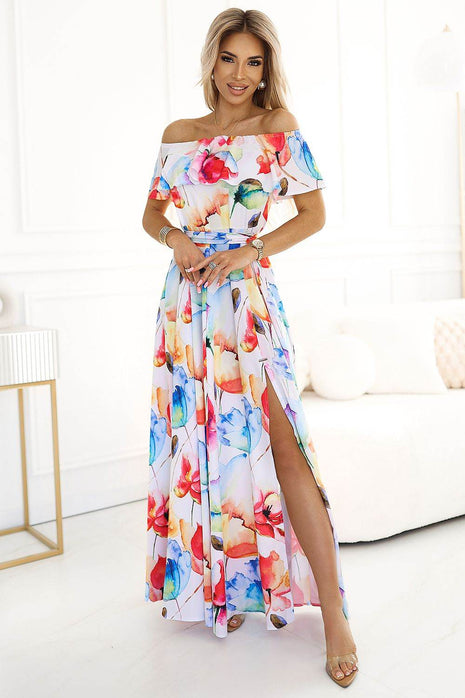 Long Spanish Maxi Dress with Floral Print, Flounce & Waist Belt - MimiStylez