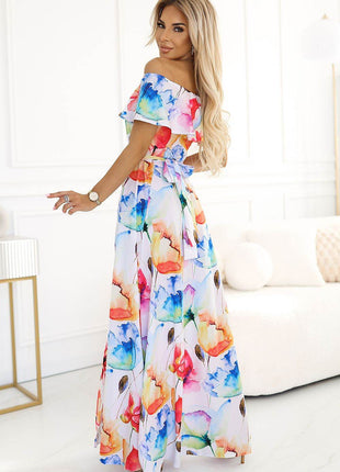 Long Spanish Maxi Dress with Floral Print, Flounce & Waist Belt - MimiStylez