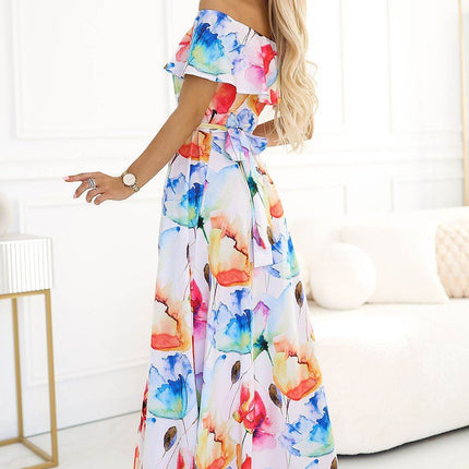 Long Spanish Maxi Dress with Floral Print, Flounce & Waist Belt - MimiStylez