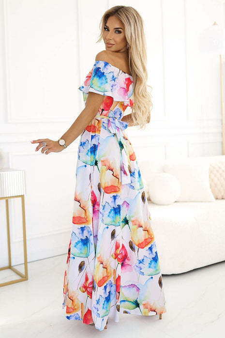 Long Spanish Maxi Dress with Floral Print, Flounce & Waist Belt - MimiStylez