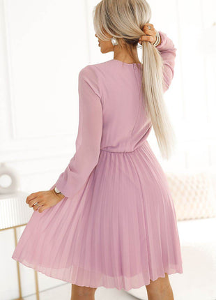 Pleated Chiffon Dress with Neckline & Long Sleeves - MimiStylez