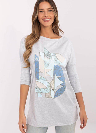 Cotton-Blend Blouse with Ribbed 3/4 Sleeves & Front Print - MimiStylez