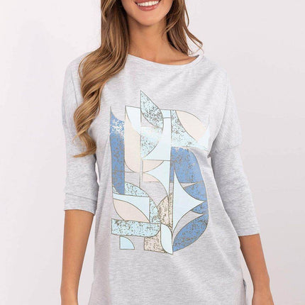 Cotton-Blend Blouse with Ribbed 3/4 Sleeves & Front Print - MimiStylez